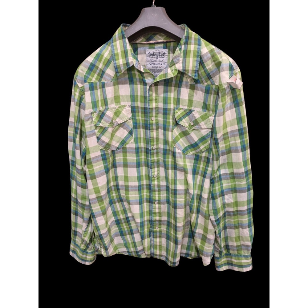Levi's Modern Fit Shirt Mens XL Long Sleeve Pearl Snap Front‎ Green Plaid Pocket